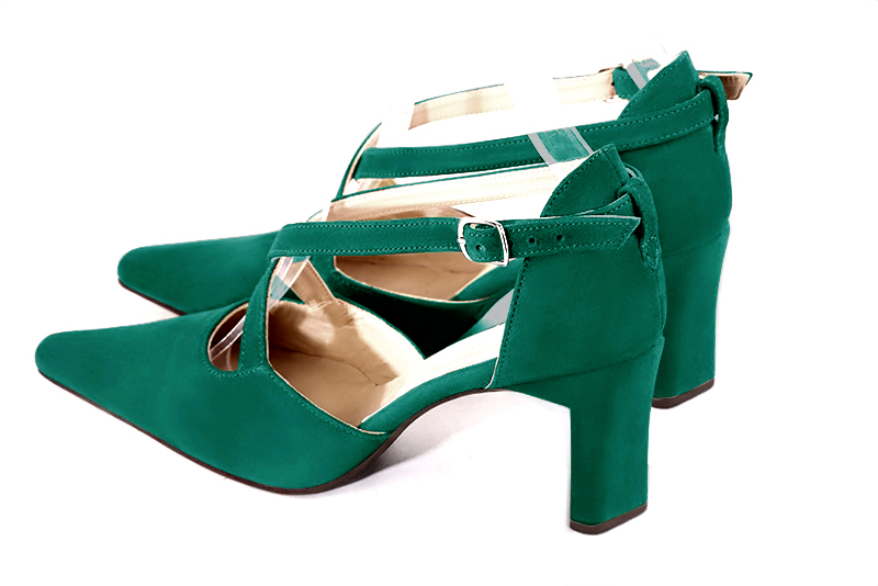 Emerald green women's open side shoes, with crossed straps. Tapered toe. High comma heels. Rear view - Florence KOOIJMAN
